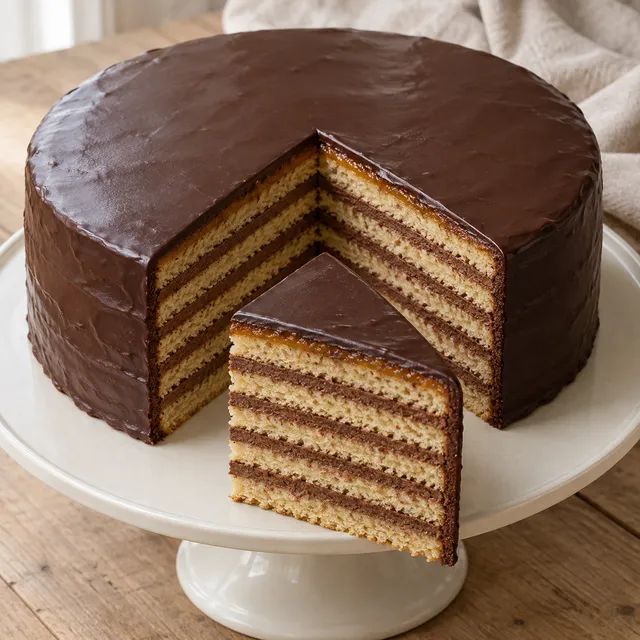 Prinzregententorte mit sieben hellen Biskuitböden, Schokoladencreme und dunkler Glasur