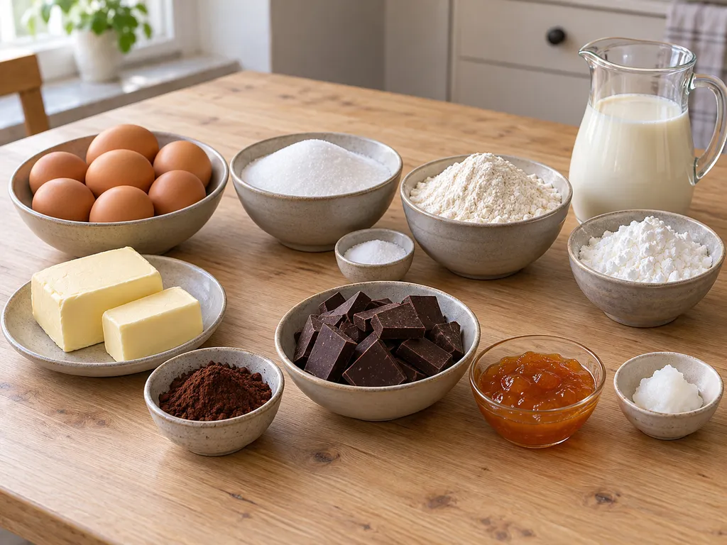 Eier, Mehl, Butter, Milch, Schokolade und weitere Zutaten für Prinzregententorte