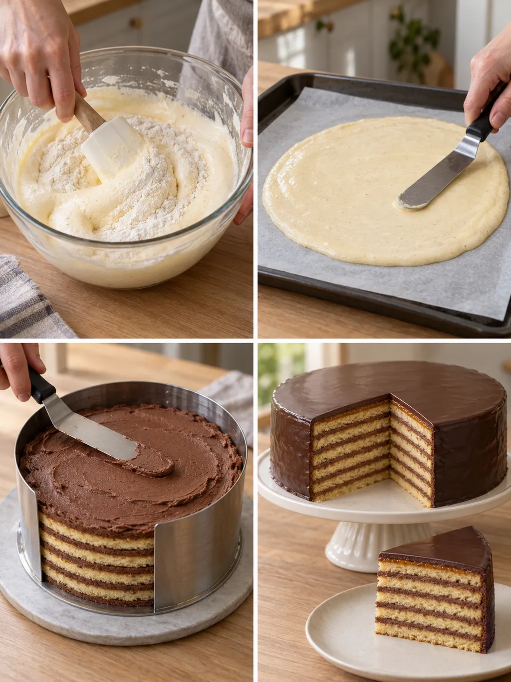 Biskuit unterheben, Böden verstreichen, mit Schokoladencreme schichten und fertige Torte