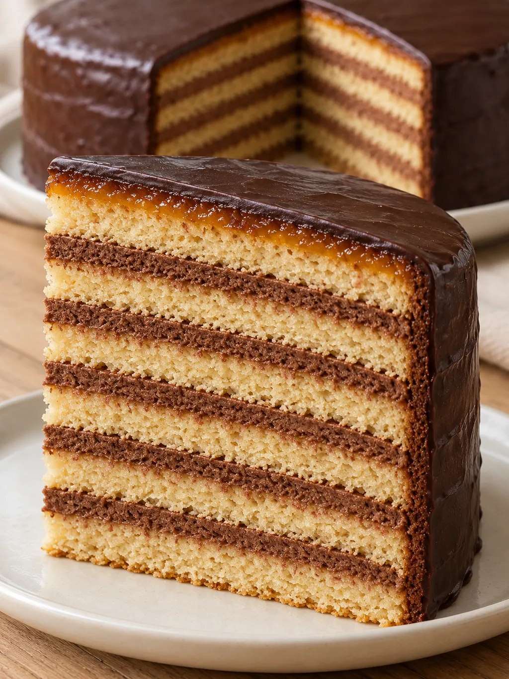 Tortenstück mit sieben Biskuitböden, sechs Schokoladencremeschichten und dunkler Glasur