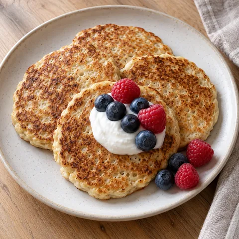 Goldbraune Hüttenkäse-Hafer-Pancakes mit Skyr, Heidelbeeren und Himbeeren