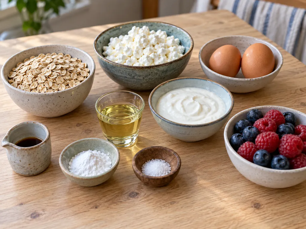 Haferflocken, Hüttenkäse, Eier, Vanille, Backpulver, Salz, Öl, Skyr und frische Beeren