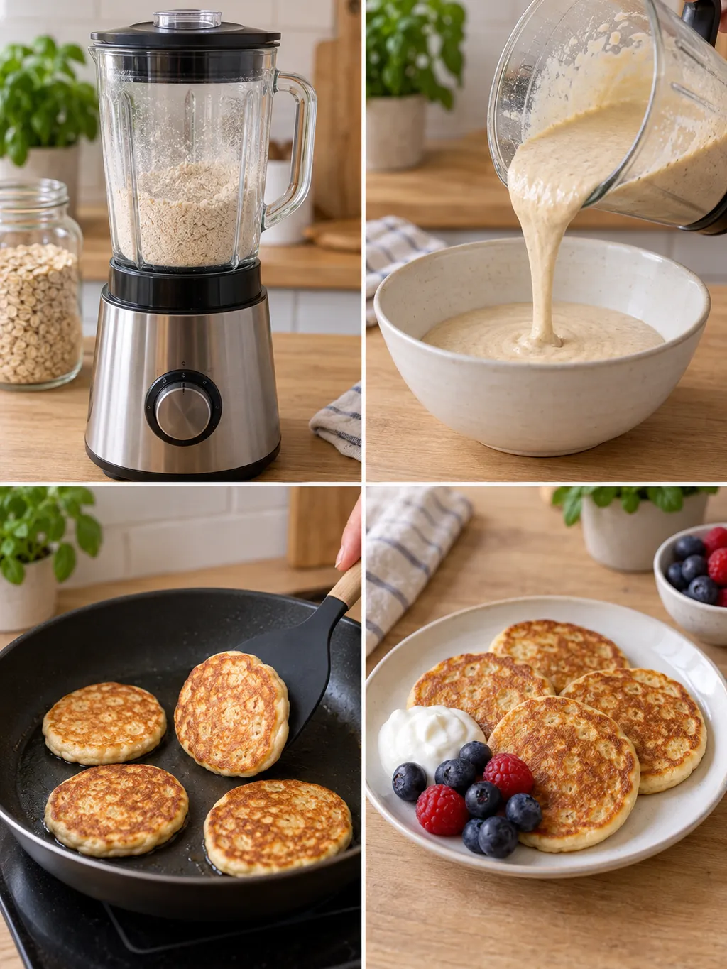 Haferflocken mahlen, Hüttenkäseteig vorbereiten, Pancakes wenden und mit Skyr servieren