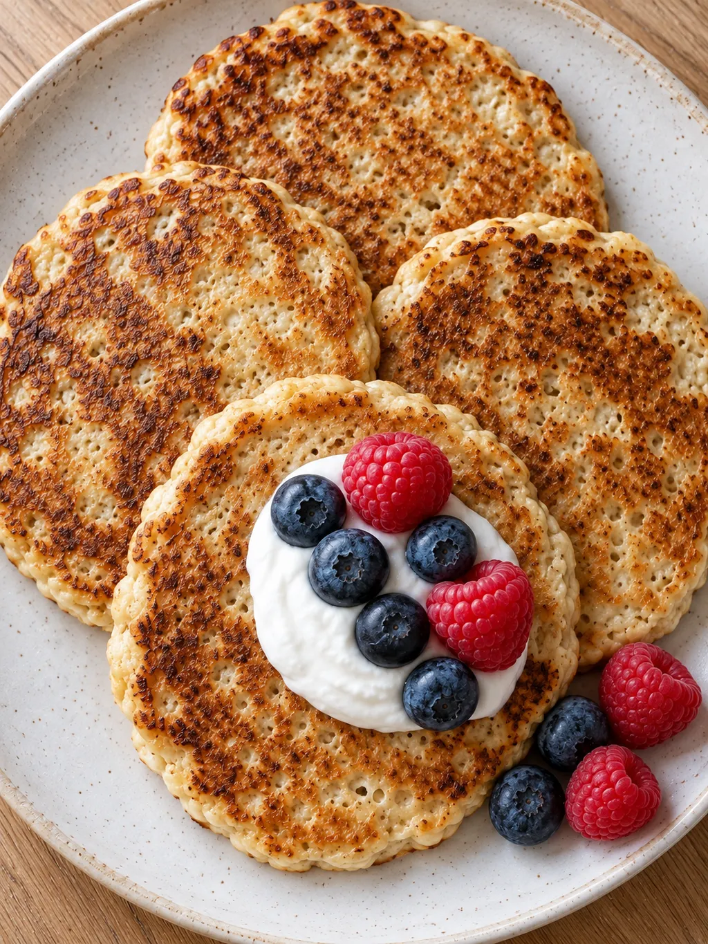 Hüttenkäse-Hafer-Pancakes mit cremigem Skyr, Heidelbeeren und Himbeeren