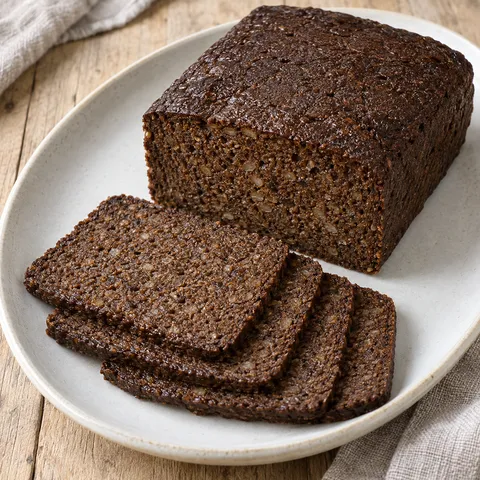 Dunkler Pumpernickel mit sichtbaren Roggenstückchen und vier dünnen Scheiben