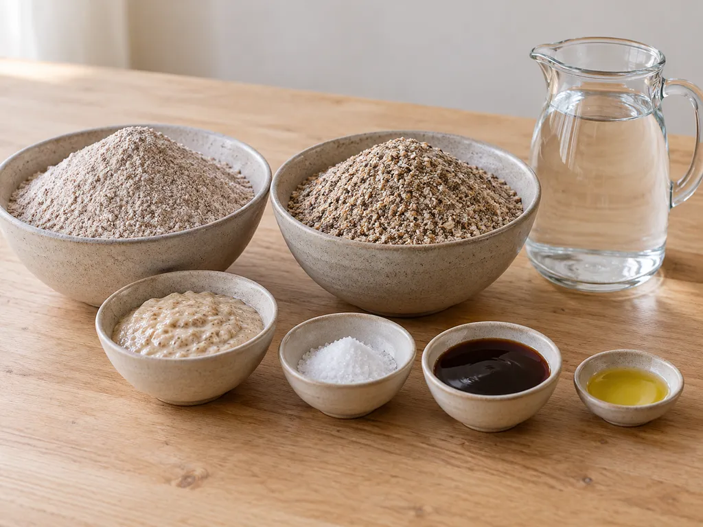 Feiner und grober Roggenschrot mit Sauerteig, Wasser, Salz, Rübensirup und Öl