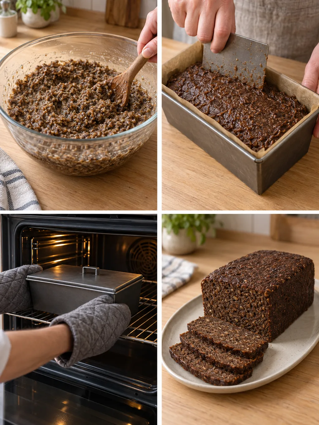 Pumpernickel vom feuchten Roggenschrot über die Backform bis zum geschnittenen Brot