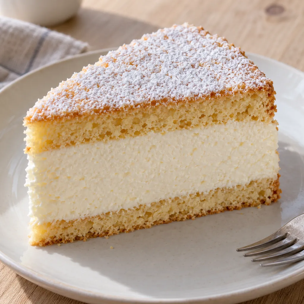 Quark-Sahne-Schichttorte mit zwei Biskuitlagen und Puderzucker auf einem hellen Teller