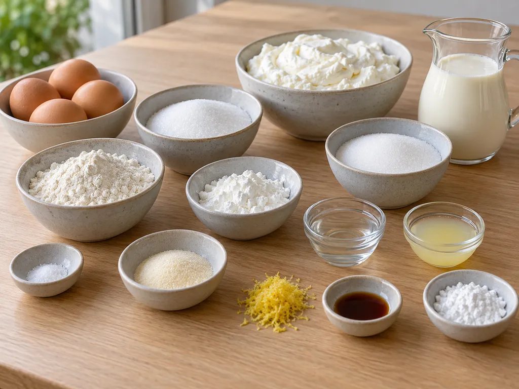Eier, Quark, Sahne, Mehl, Zucker, Stärke, Gelatine, Zitrone und Vanille für die Torte