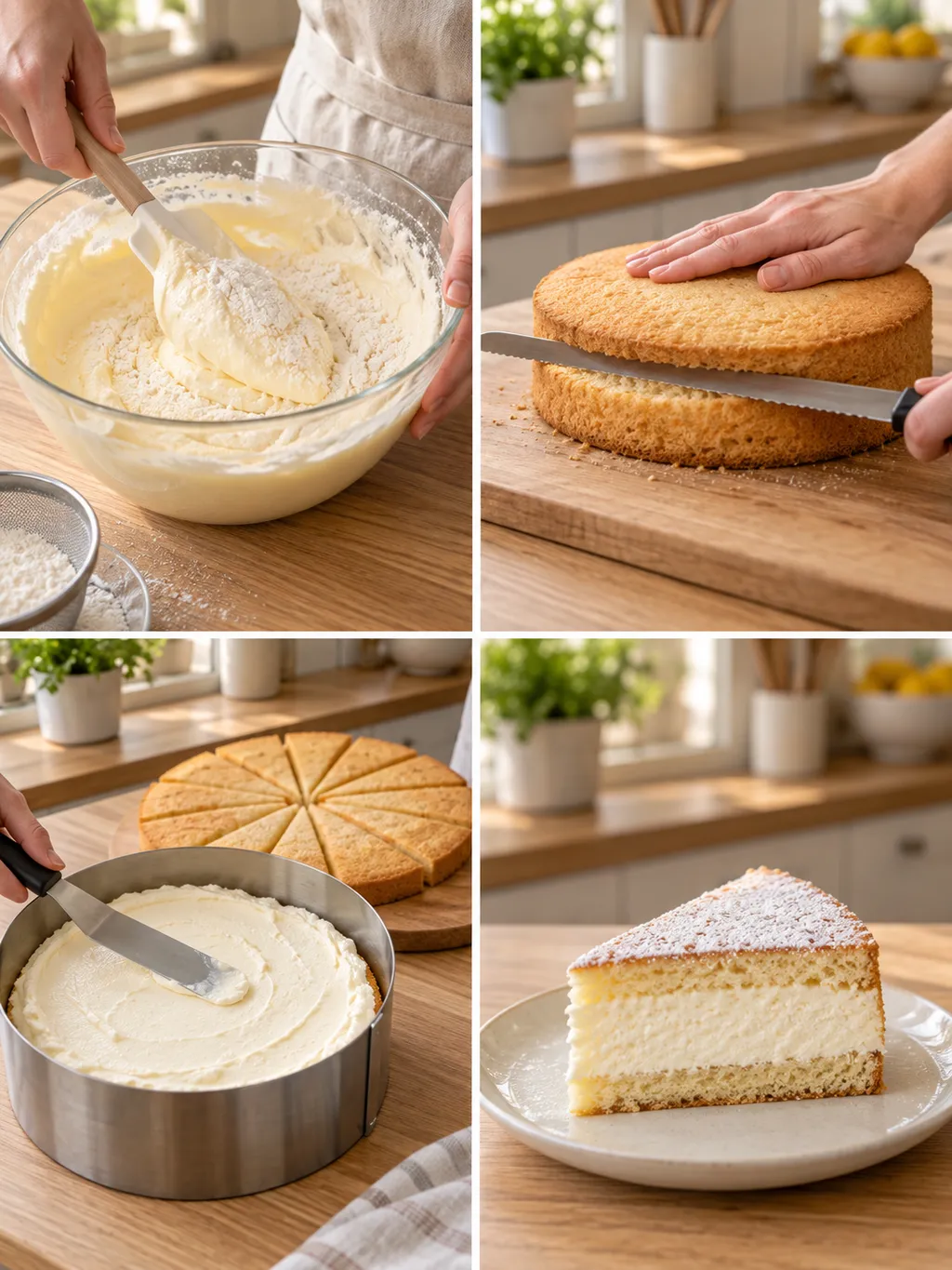 Biskuitteig, geteilte Böden, eingefüllte Quarkcreme und ein fertiges Tortenstück