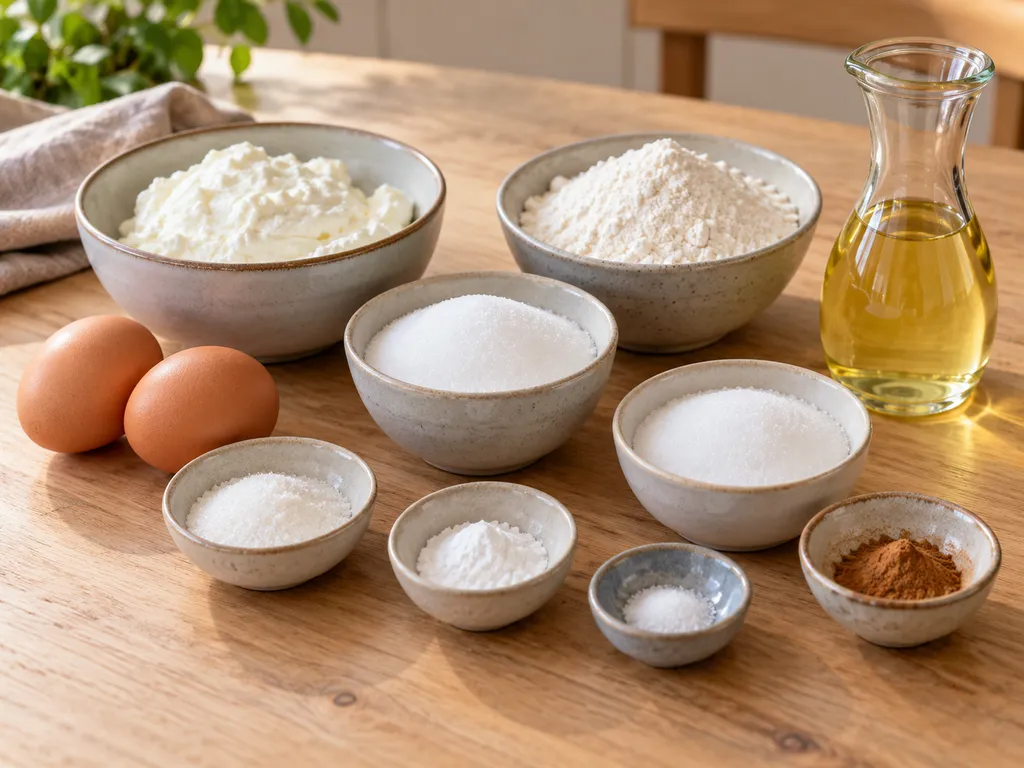 Quark, zwei Eier, Mehl, Zucker, Vanillezucker, Backpulver, Salz, Rapsöl und Zimt