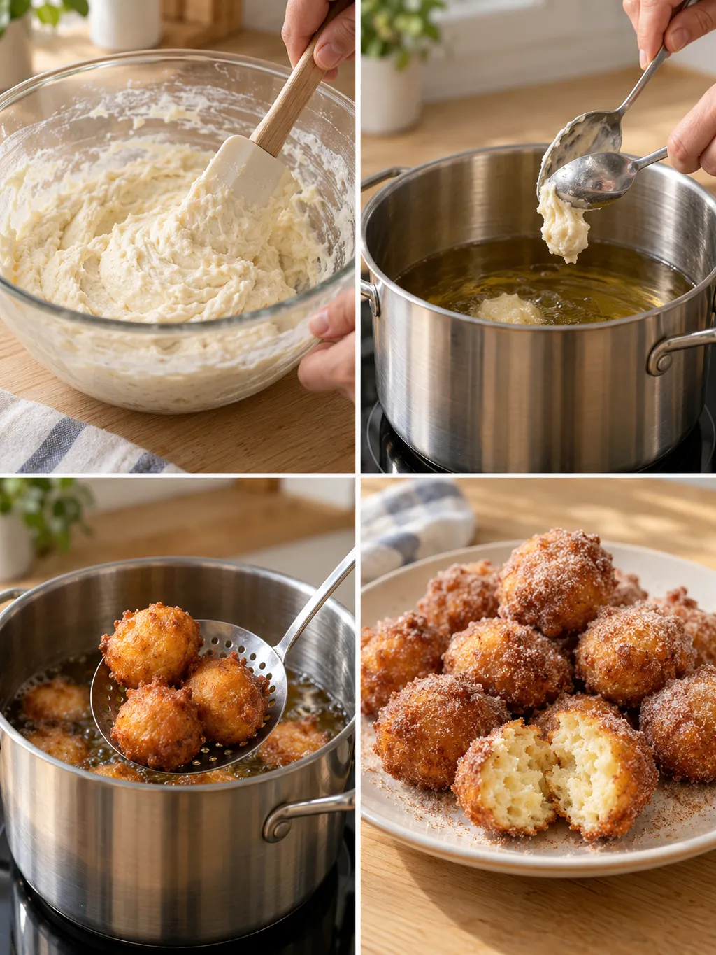 Quarkteig anrühren, portionieren, ausbacken und fertige Quarkbällchen mit Zimtzucker