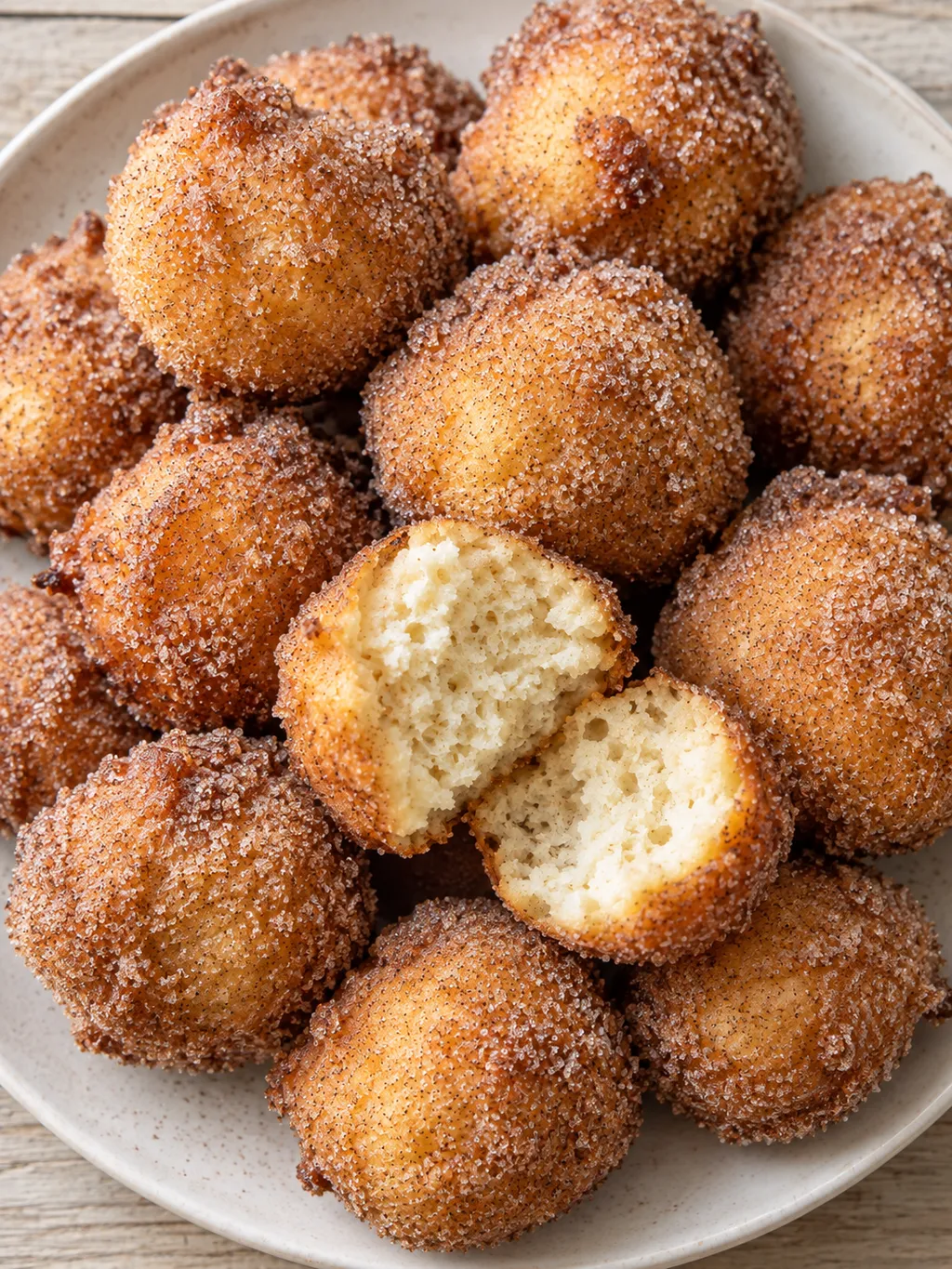Quarkbällchen mit feinem Zimtzucker und heller feinporiger Krume
