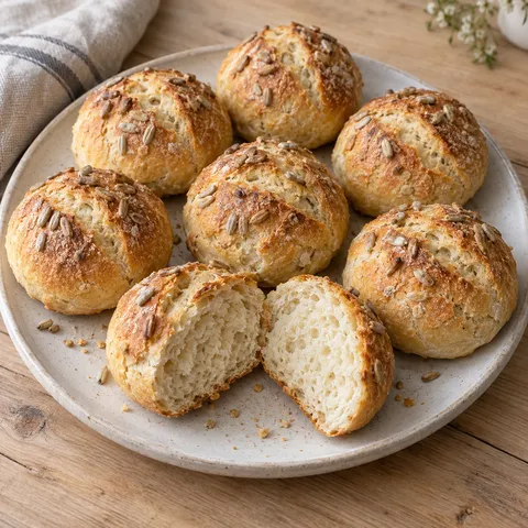 Goldbraune Quarkbrötchen mit Sonnenblumenkernen und einer aufgeschnittenen weichen Krume