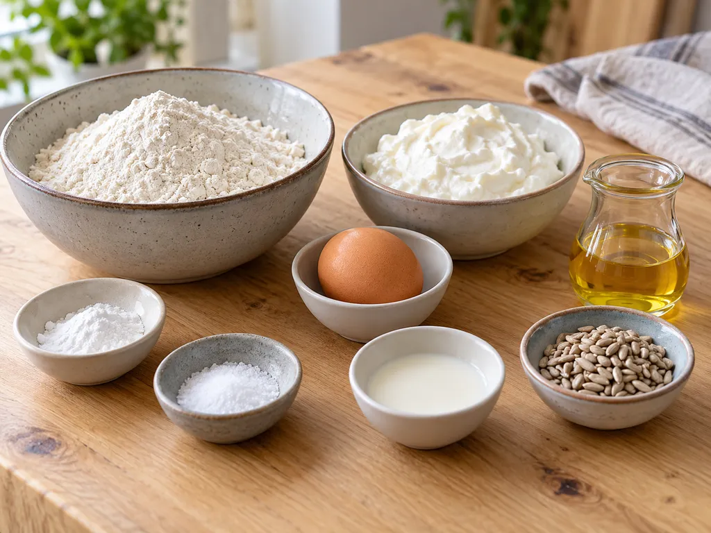 Mehl, Backpulver, Salz, Quark, Ei, Öl, Milch und Sonnenblumenkerne für Quarkbrötchen