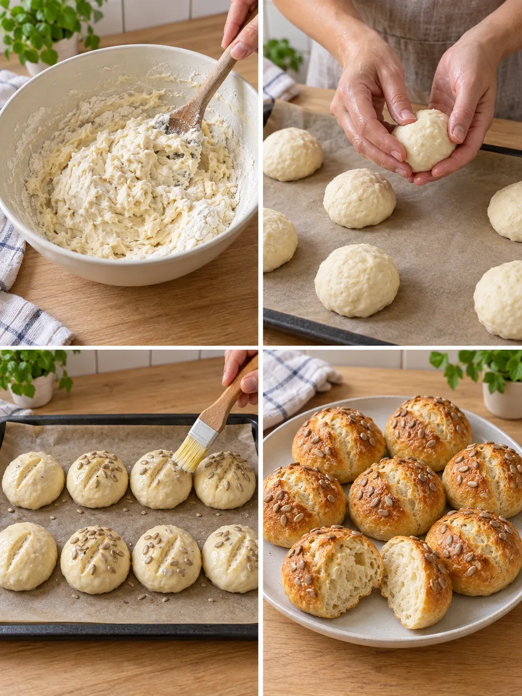 Quarkteig mischen, Brötchen formen, mit Milch bestreichen und fertig gebacken servieren