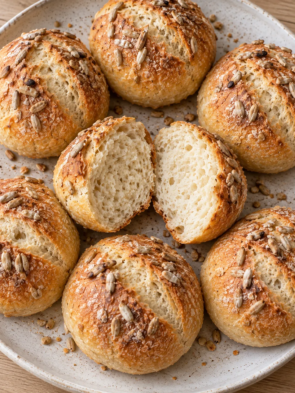 Quarkbrötchen mit gerösteten Sonnenblumenkernen und heller feinporiger Krume