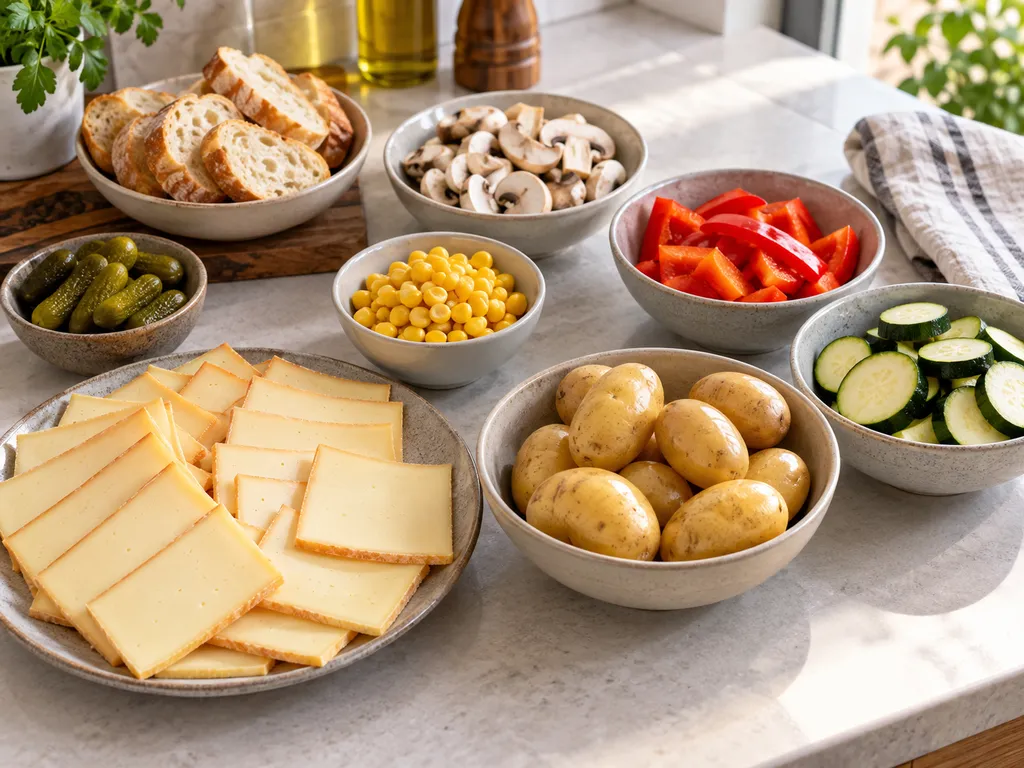 Käse, Kartoffeln, Gemüse, Brot und Gewürzgurken in getrennten Schalen für die Racletteplanung.