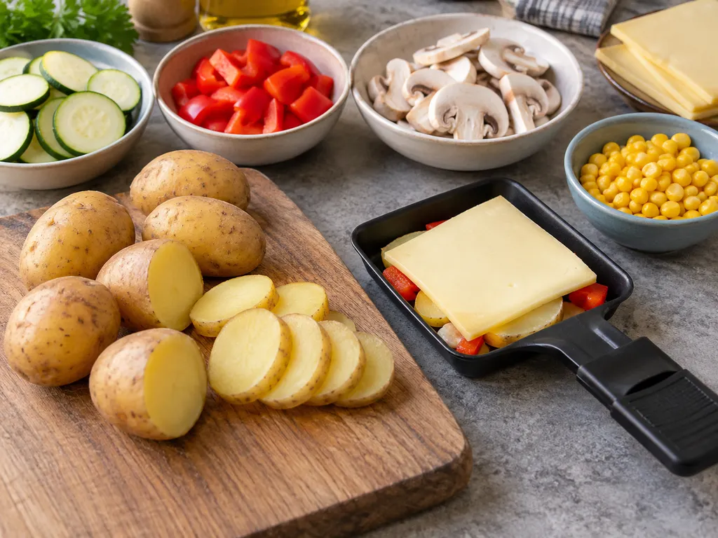Geschnittene Raclettezutaten und ein flach gefülltes Pfännchen mit Kartoffeln, Paprika und Käse.