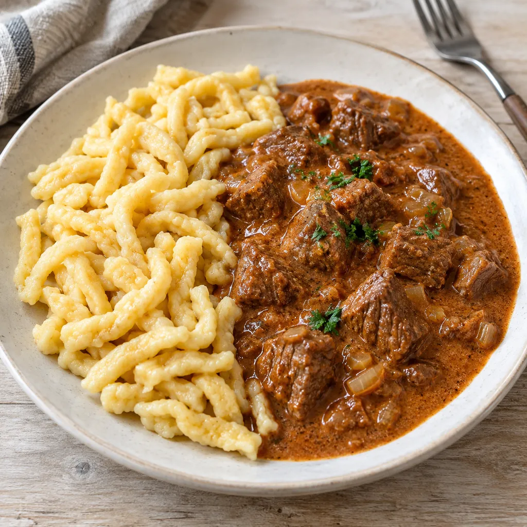 Rahmgulasch in cremiger Paprikasoße mit Butterspätzle und gehackter Petersilie