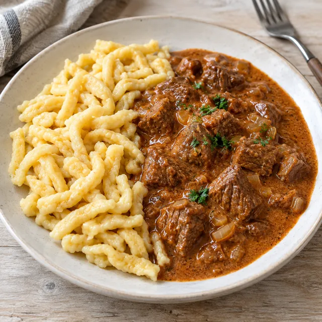 Rahmgulasch in cremiger Paprikasoße mit Butterspätzle und gehackter Petersilie