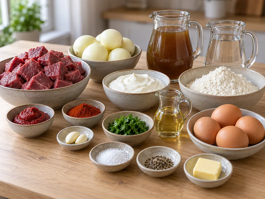 Rindfleisch, Schmand, Paprika und die Zutaten für selbst gemachte Spätzle