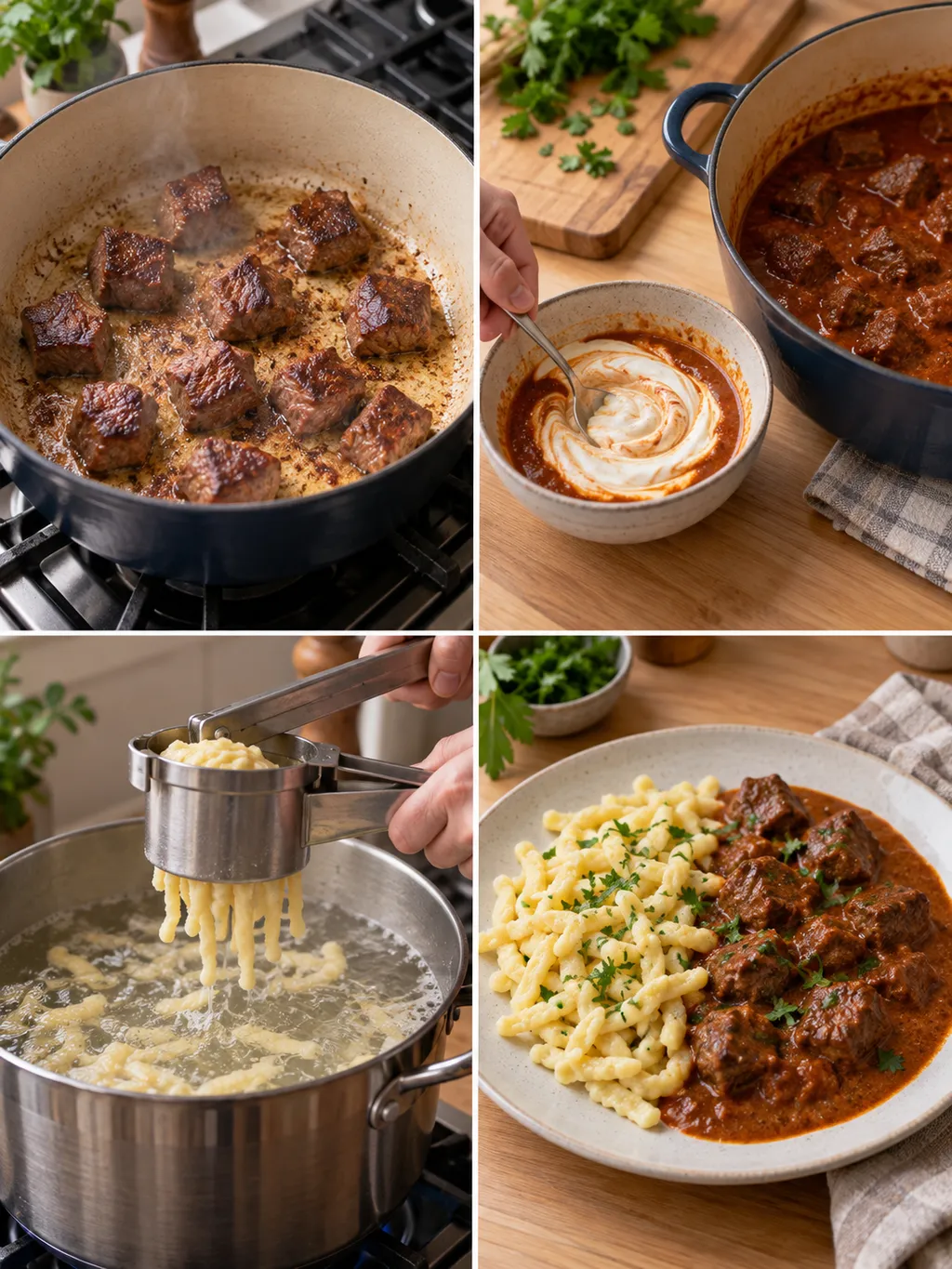 Rindfleisch anbraten, Schmand einrühren, Spätzle kochen und Rahmgulasch anrichten
