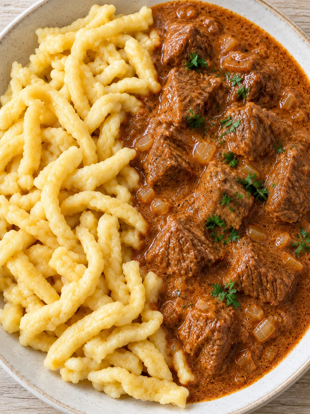 Zarte Rindfleischwürfel in Paprikarahmsoße neben selbst gemachten Butterspätzle