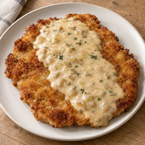 Goldbraunes Rahmschnitzel mit heller Rahmsoße und gehackter Petersilie