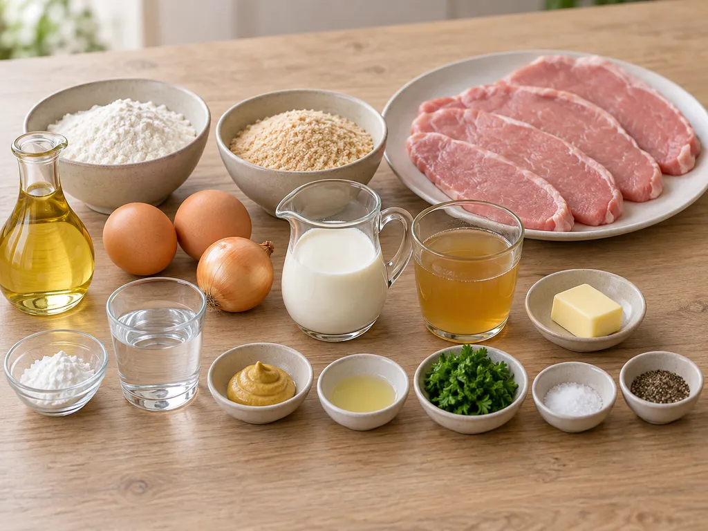 Schweineschnitzel, Panierzutaten, Sahne, Zwiebel und Gewürze für Rahmschnitzel
