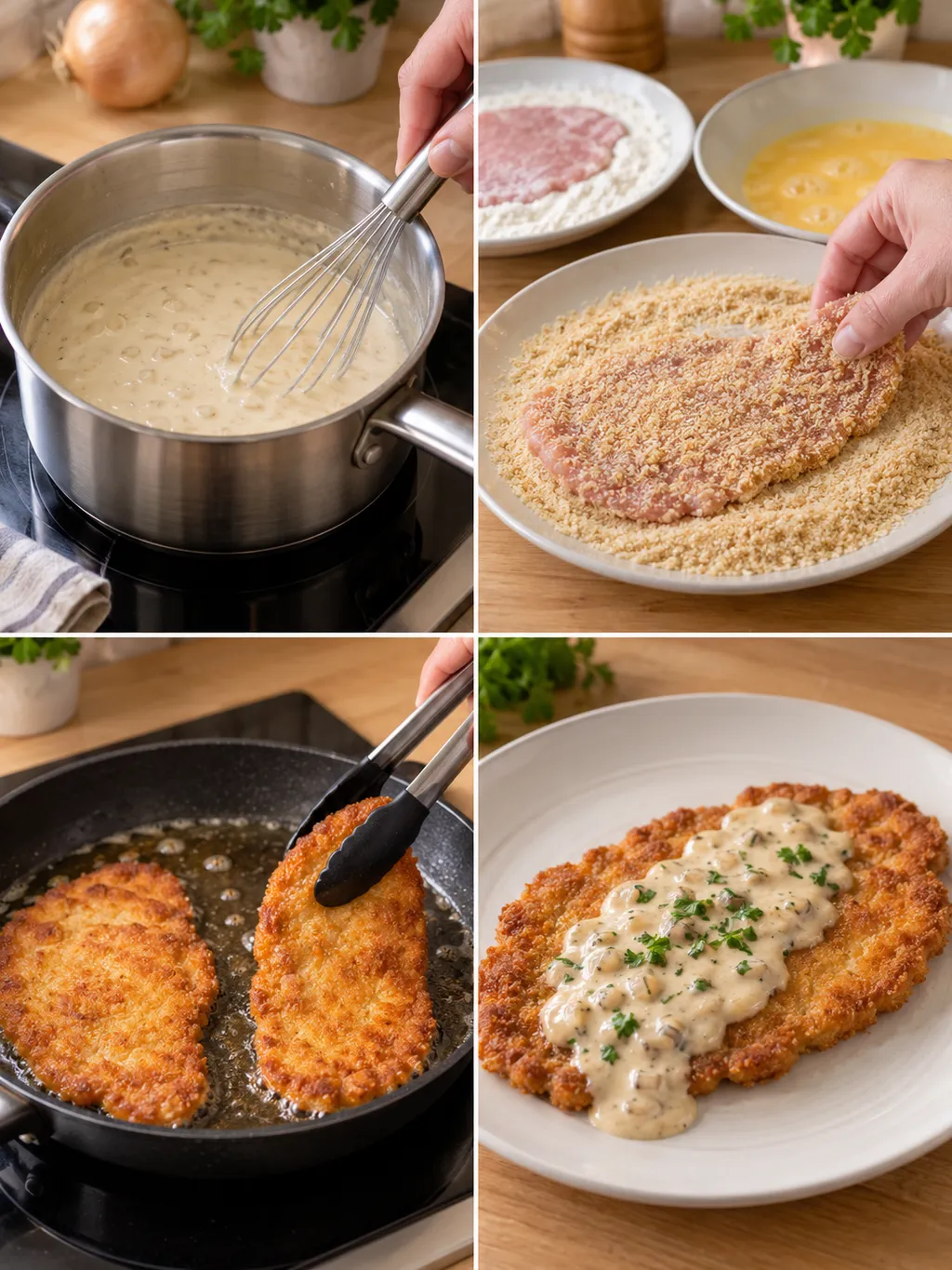 Rahmsoße rühren, Schnitzel panieren und braten sowie das fertig angerichtete Rahmschnitzel