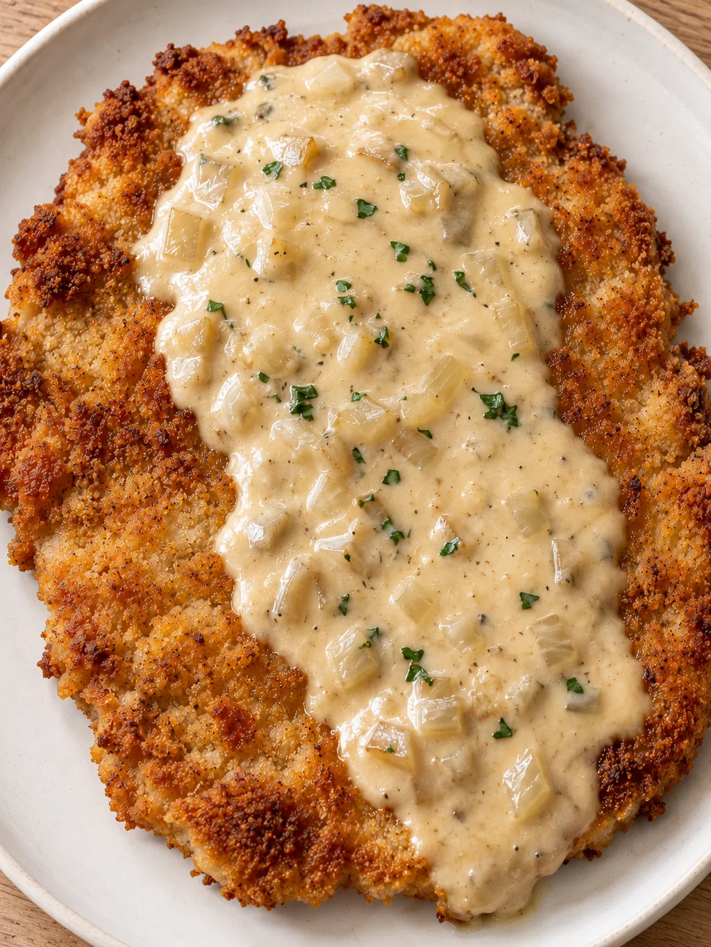 Paniertes Rahmschnitzel mit cremiger Soße, knusprigen Rändern und Petersilie
