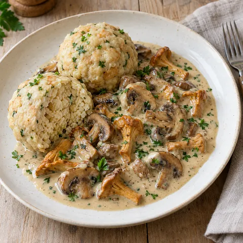 Rahmschwammerl mit zwei Semmelknödeln, Champignons, Pfifferlingen und Petersilie