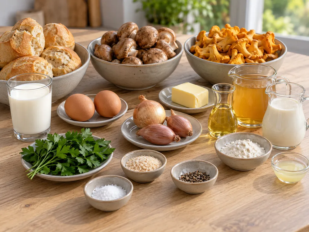 Brötchen, Milch, Eier, Champignons, Pfifferlinge und weitere Zutaten für Rahmschwammerl