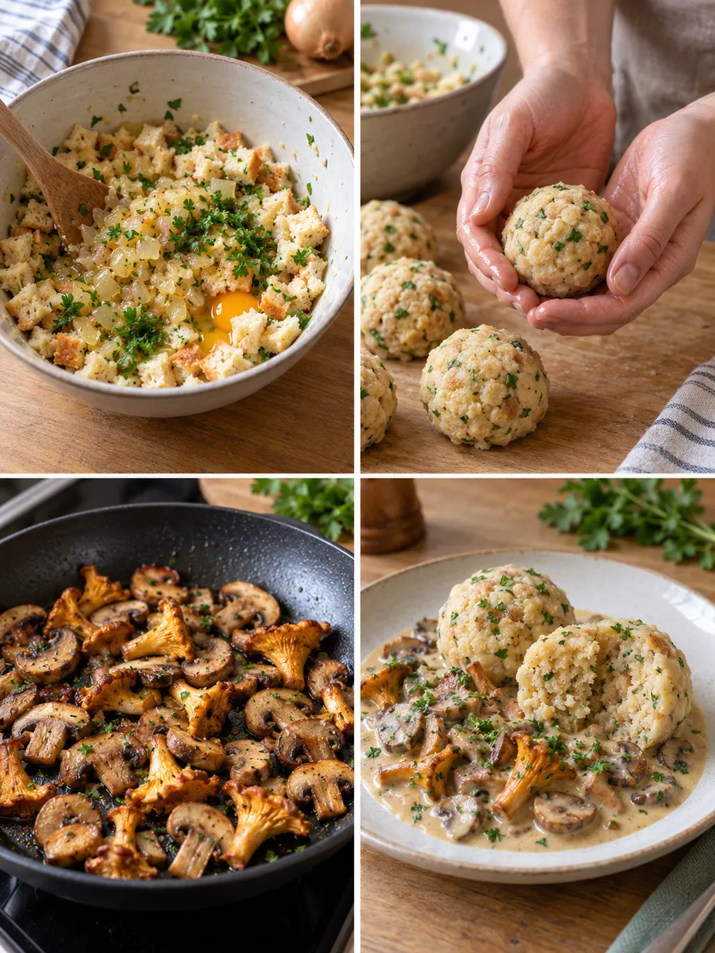 Knödelmasse vermengen, Knödel formen, Pilze braten und Rahmschwammerl fertig servieren