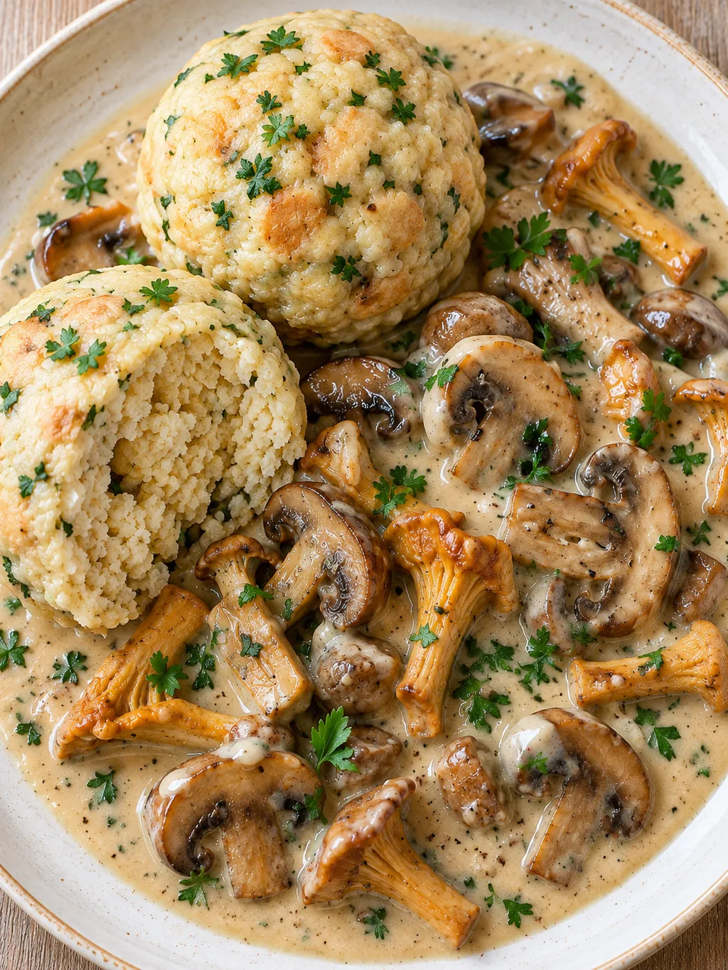Semmelknödel mit lockerer Brotkrume und cremiger Champignon-Pfifferling-Soße