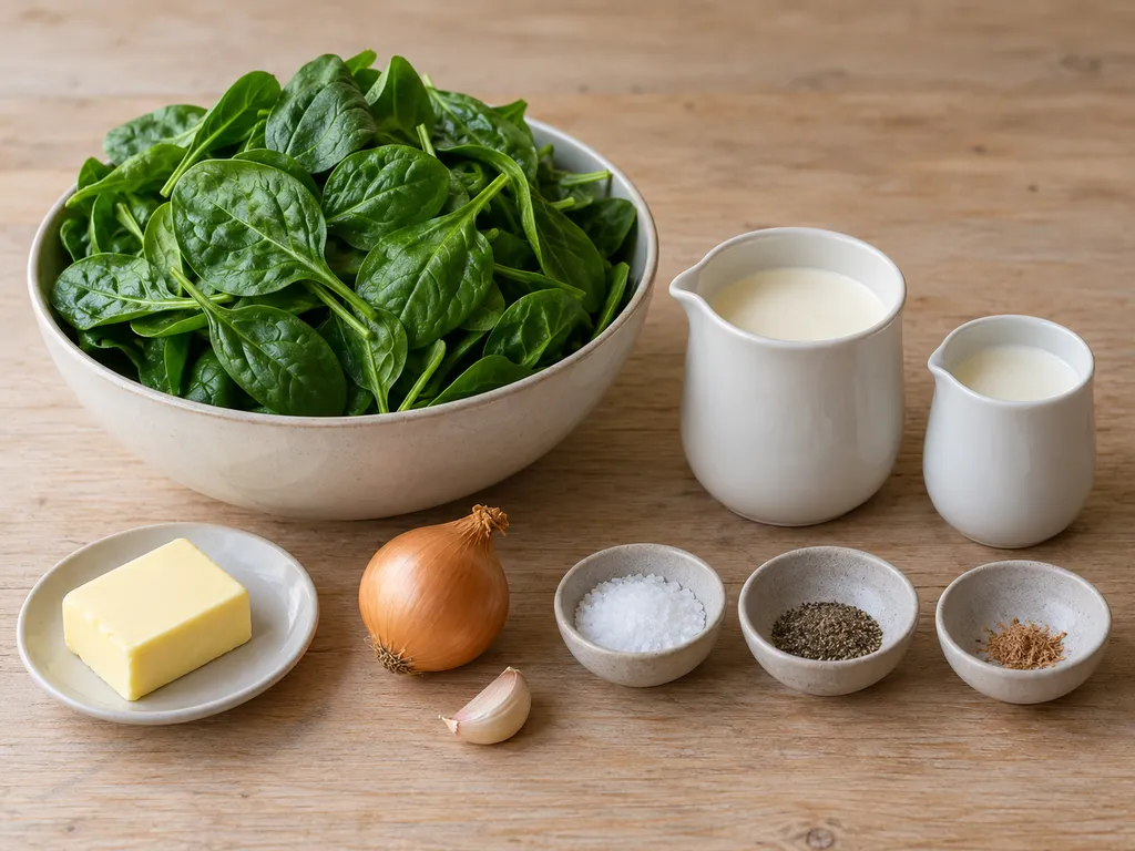 Spinat, Butter, Zwiebel, Knoblauch, Sahne, Milch und Gewürze für Rahmspinat