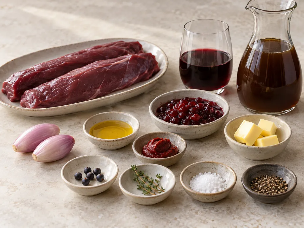 Rehrücken, Schalotten, Wacholder, Rotwein, Wildfond, Butter und Preiselbeeren als Zutaten