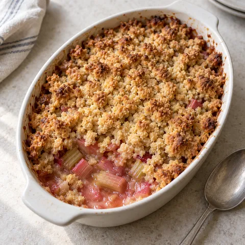 Rhabarber-Crumble mit goldbraunen Butterstreuseln in einer hellen Auflaufform