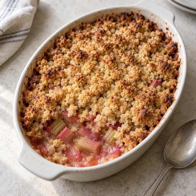 Rhabarber-Crumble mit goldbraunen Butterstreuseln in einer hellen Auflaufform