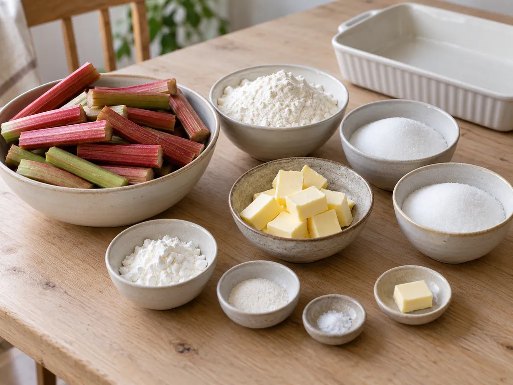Rhabarber, Mehl, Zucker, Butter, Vanillezucker, Stärke und Salz für den Crumble