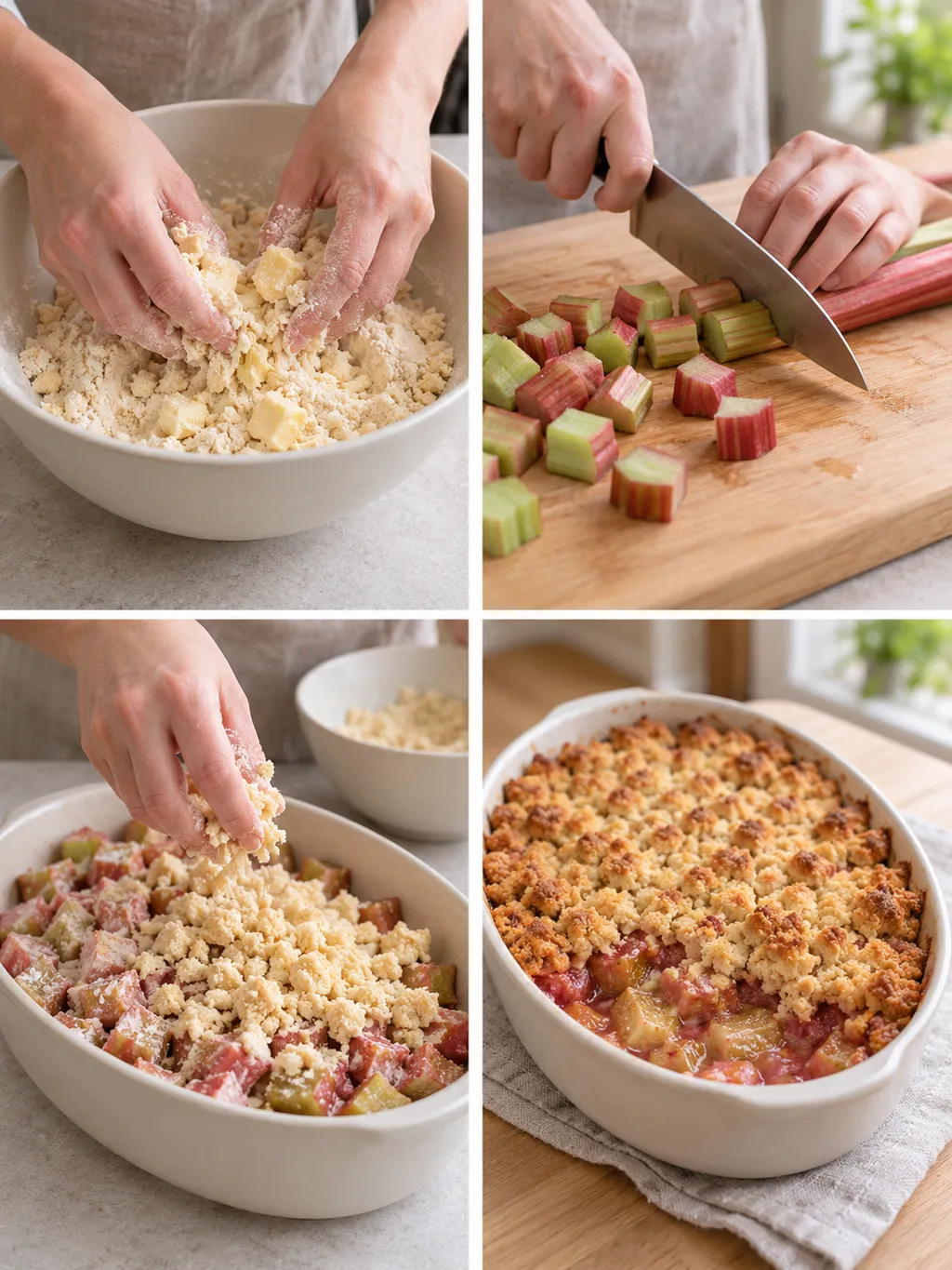 Butterstreusel herstellen, Rhabarber schneiden, Crumble schichten und fertig backen