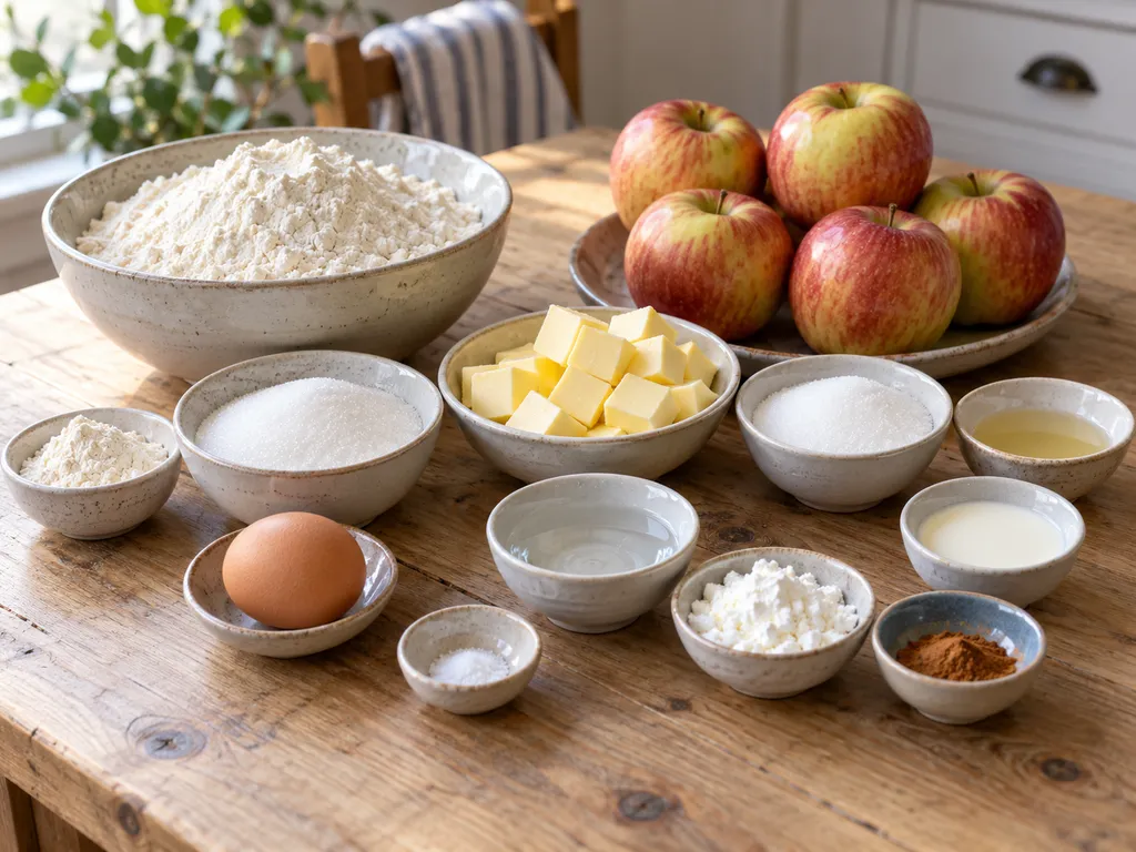 Äpfel, Mehl, Butter, Ei, Zucker und weitere Zutaten für gedeckten Apfelkuchen