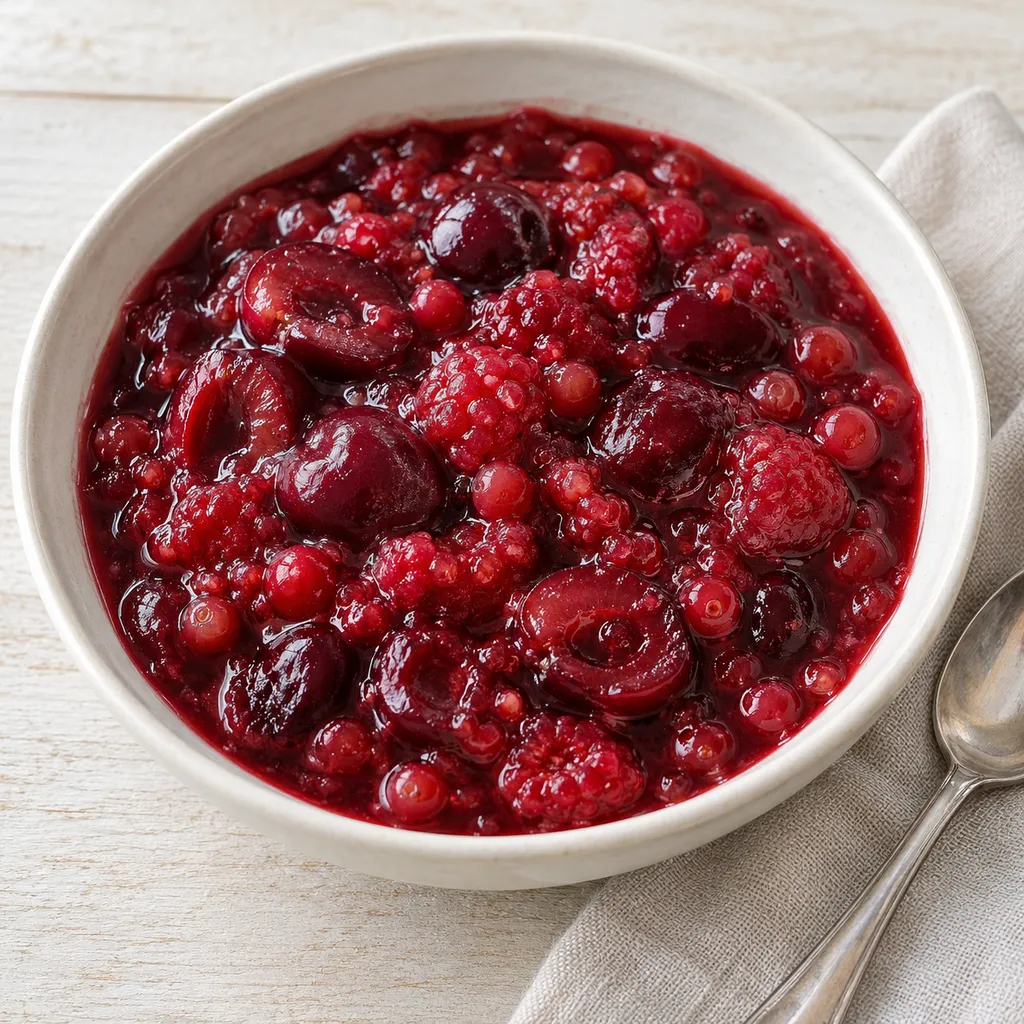 Rote Grütze mit Kirschstücken, Himbeeren und Johannisbeeren im hellen Schälchen