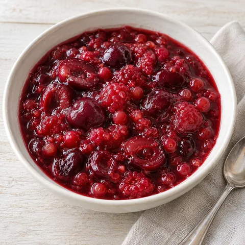 Rote Grütze mit Kirschstücken, Himbeeren und Johannisbeeren im hellen Schälchen