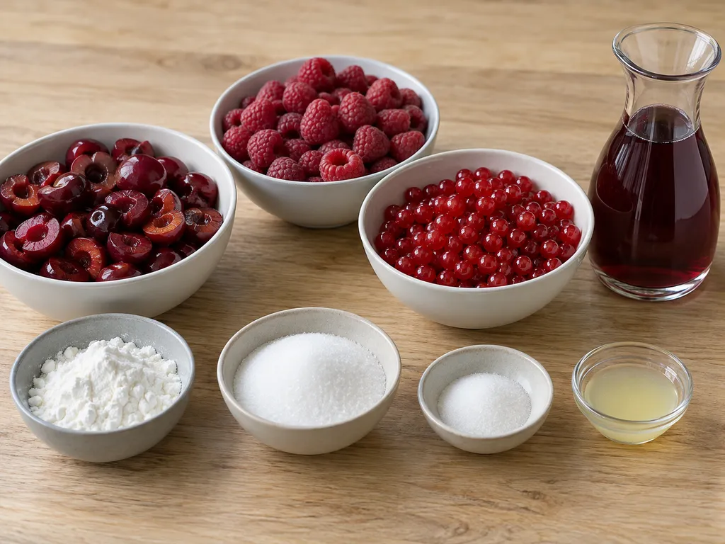 Kirschen, Himbeeren, Johannisbeeren, Saft, Stärke, Zucker, Vanillezucker und Zitronensaft