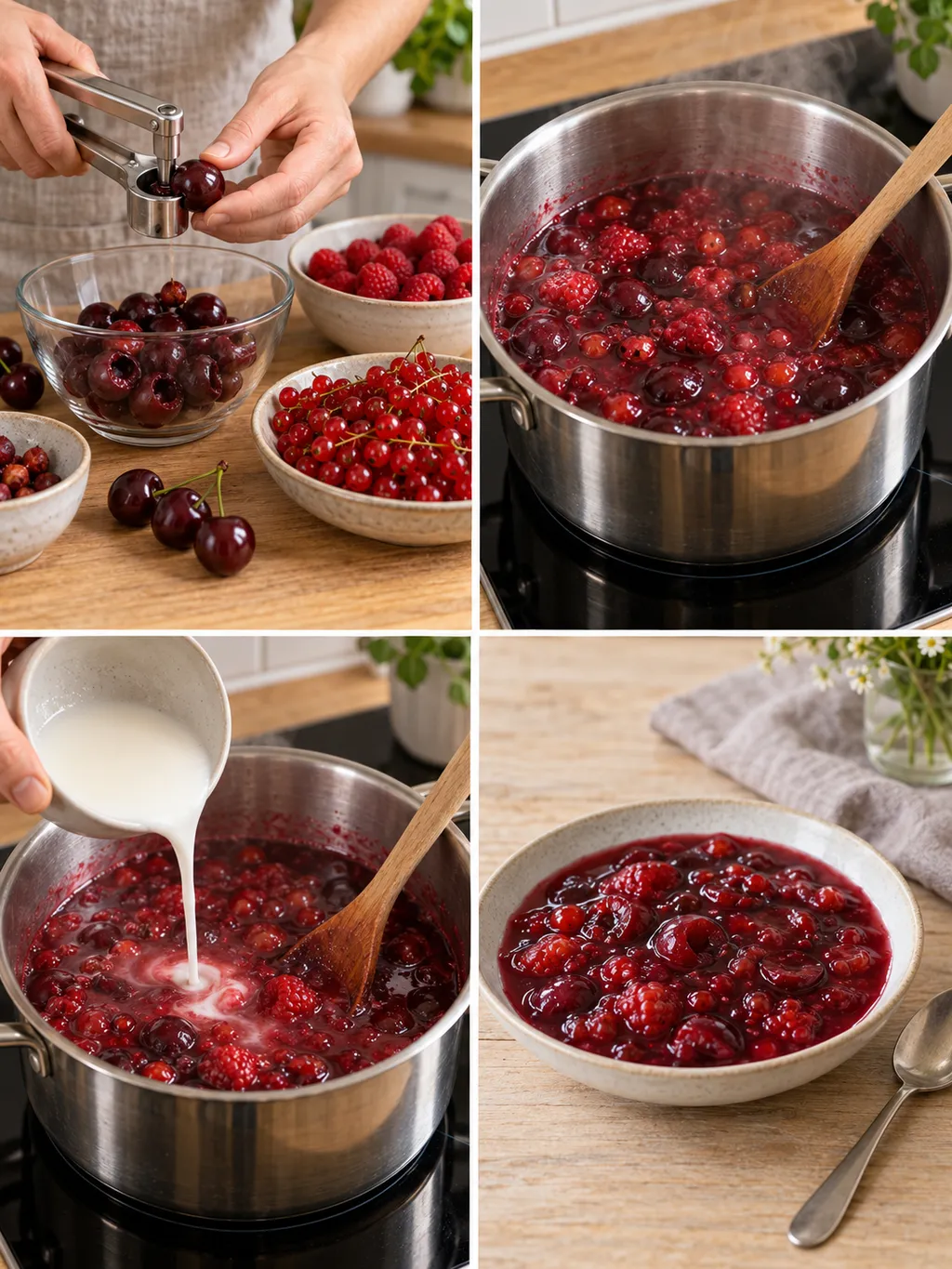 Kirschen entsteinen, Früchte kochen, Stärke einrühren und fertige Rote Grütze servieren