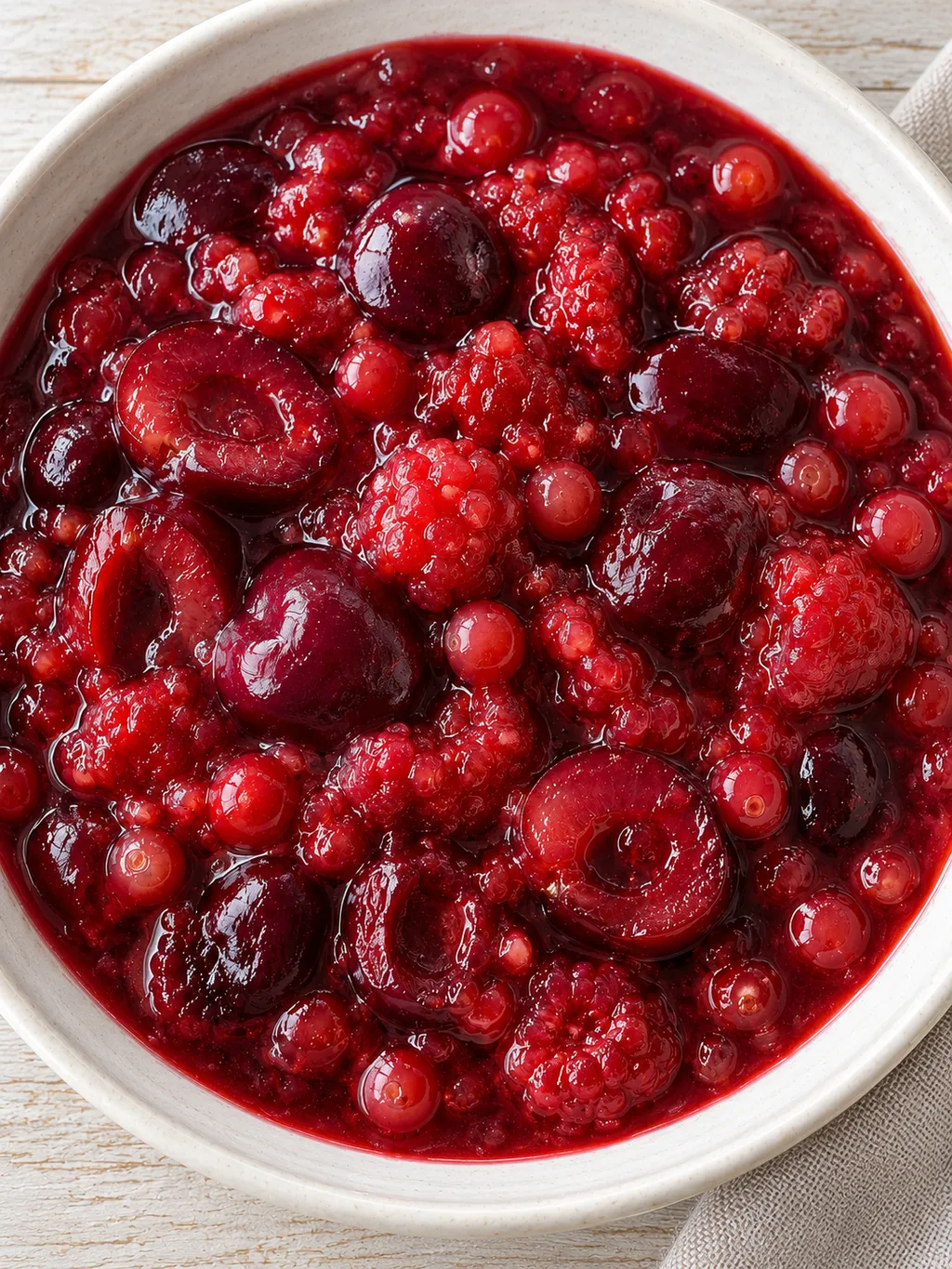 Kalte Rote Grütze mit Kirschen und roten Beeren in weich gebundenem Fruchtsaft
