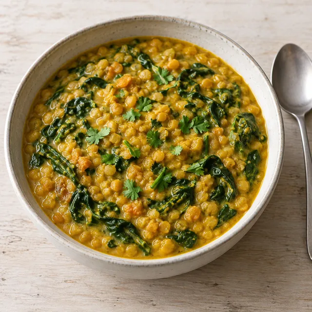 Goldgelbes Rote-Linsen-Curry mit Kokosmilch, Spinat und frischem Koriander