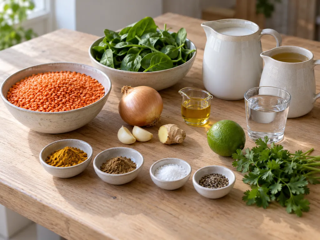 Rote Linsen, Kokosmilch, Spinat, Ingwer und Gewürze für ein veganes Curry